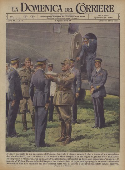 Der Duce empfängt auf einem Flughafen in Mittelitalien die fünf Flieger, die an Bord... von Achille Beltrame