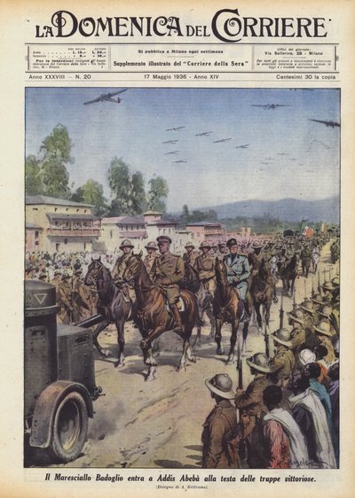 Marschall Badoglio zieht an der Spitze der siegreichen Truppen in Addis Abeba ein von Achille Beltrame