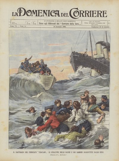 Das Schiffswrack des Dampfers Ckallam, die Rettungsboote der Frauen und Kinder werden von den Wellen verschlungen von Achille Beltrame