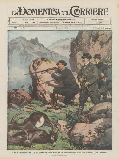 Der König in Begleitung von Prinz Albert von Monaco bei der Jagd auf den Steinbock im Orco-Tal (Oberpiemont) von Achille Beltrame
