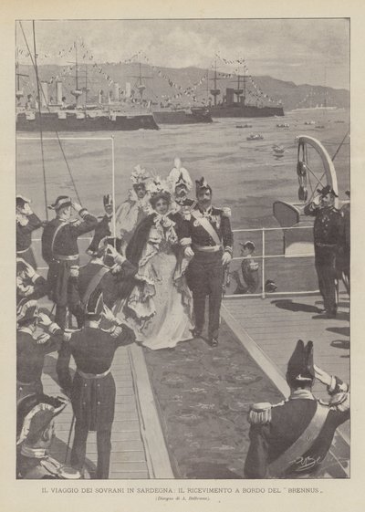 Die Reise Der Monarchen Nach Sardinien, Der Empfang An Bord Der Brennus von Achille Beltrame