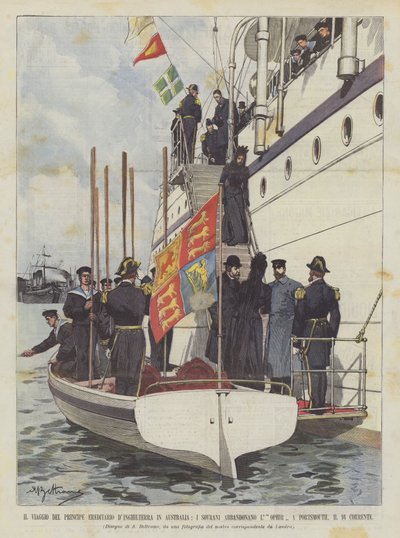 Die Reise des Kronprinzen von England nach Australien, die Herrscher verlassen die Ophir von Achille Beltrame