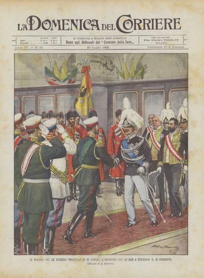 Die Reise von König Viktor Emanuel III. nach Russland, das Treffen mit dem Zaren in Peterhof am 13. dieses Monats von Achille Beltrame