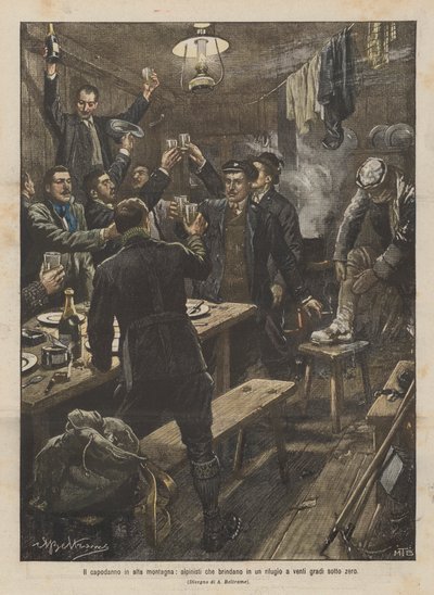 Neujahr in den hohen Bergen, Bergsteiger, die in einer Hütte bei zwanzig Grad unter Null anstoßen von Achille Beltrame