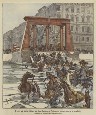 Der Einsturz der ägyptischen Brücke über den Fluss Fontanka in St. Petersburg, während die Kavallerie darüber ritt von Achille Beltrame