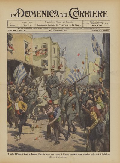 Der Zusammenbruch des türkischen Reiches in Europa, die griechische Armee unter der Führung des Kronprinzen marschiert ein... von Achille Beltrame