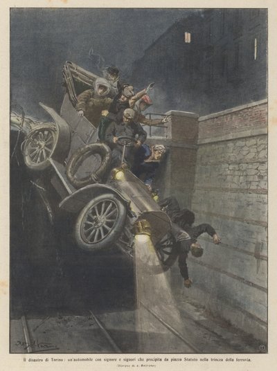 Das Unglück in Turin, ein Auto mit Damen und Herren stürzt von der Piazza Statuto von Achille Beltrame
