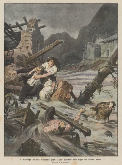 Das schlechte Wetter im oberen Piemont, Brücken und Häuser von den Wassermassen mit menschlichen Opfern weggerissen von Achille Beltrame