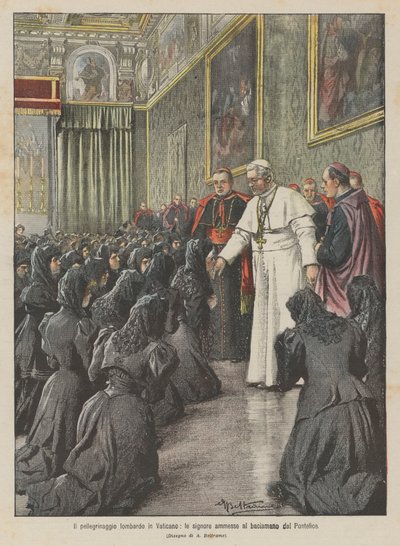 Die lombardische Pilgerfahrt zum Vatikan, die Damen werden vom Papst zum Handkuss zugelassen von Achille Beltrame