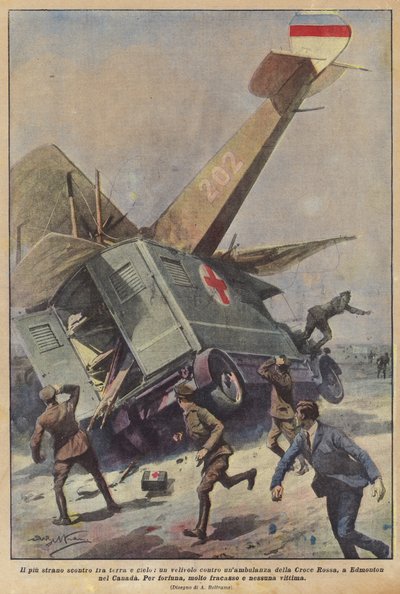 Der seltsamste Zusammenstoß zwischen Erde und Himmel, ein Flugzeug gegen einen Krankenwagen des Roten Kreuzes in Edmonton, Kanada von Achille Beltrame