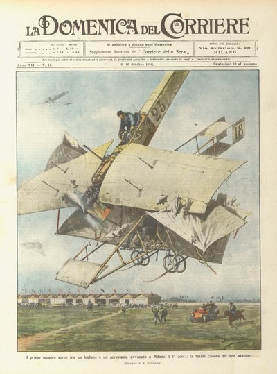 Das erste Luftgefecht zwischen einem Doppeldecker und einem Flugzeug, das am 1. in Mailand stattfand von Achille Beltrame
