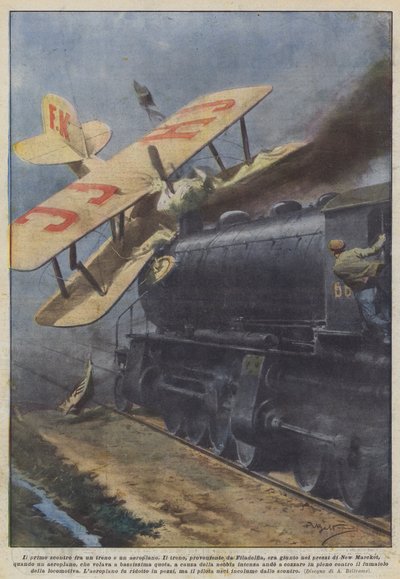 Der erste Zusammenstoß zwischen einem Zug und einem Flugzeug von Achille Beltrame