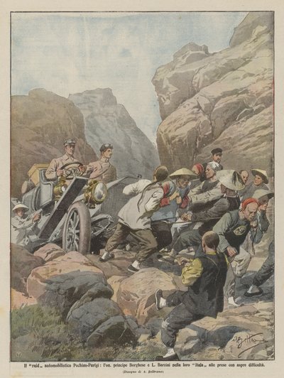 Der automobilistische Peking-Paris-Raid, Prinz Borghese und L. Barzini in ihrem Itala von Achille Beltrame