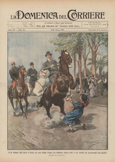 König Alfons XIII. rettet in Ceuta ein Mädchen, das unter sein Pferd gefallen ist von Achille Beltrame
