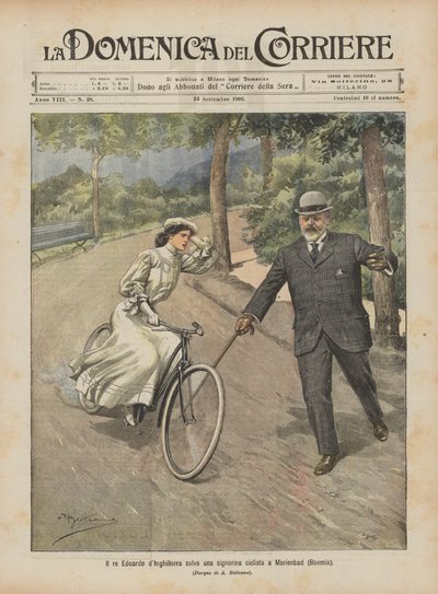 König Eduard von England rettet eine Radfahrerin in Marienbad (Böhmen) von Achille Beltrame