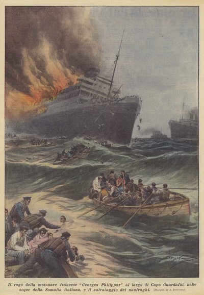 Das Feuer des französischen Motorschiffs Georges Philippar vor Kap Guardafui, in den Gewässern von... von Achille Beltrame