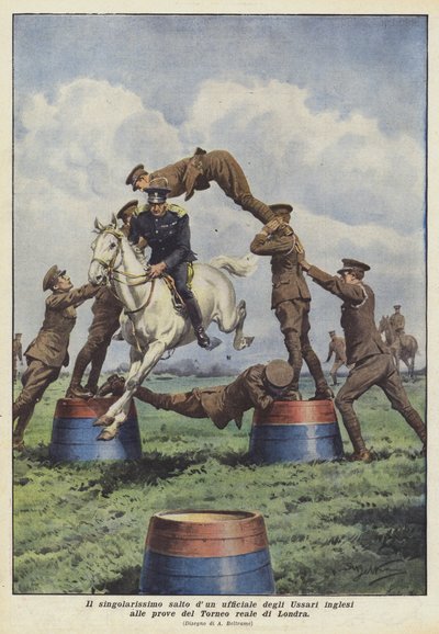 Der außergewöhnliche Sprung eines englischen Husarenoffiziers bei den Proben des königlichen Turniers in London von Achille Beltrame