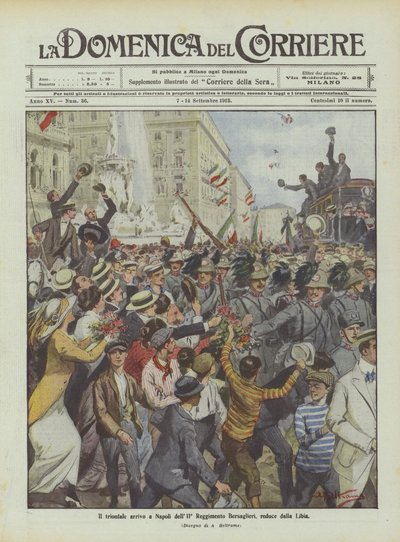 Der triumphale Empfang des 11. Bersaglieri-Regiments in Neapel, zurück aus Libyen von Achille Beltrame