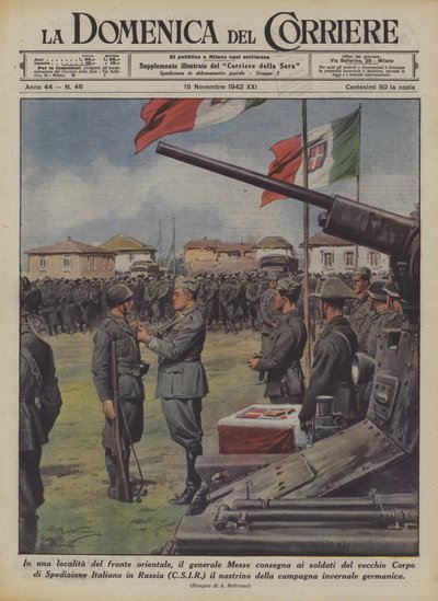 An einem Ort an der Ostfront übergibt General Messe den Soldaten des alten Korps... von Achille Beltrame