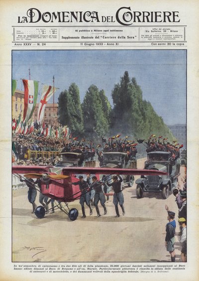 In einer Atmosphäre der Begeisterung und zwischen zwei dichten Reihen applaudierender Menschen, 25.000 junge Faschisten von Achille Beltrame