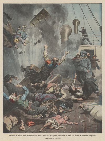 Feuer an Bord eines Transatlantikliners im Ärmelkanal, ein Lukendeckel explodiert zwischen Frauen und Kindern, die auswandern von Achille Beltrame