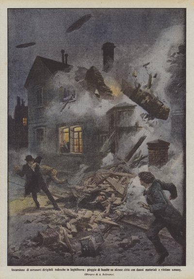 Angriff deutscher Luftschiffe auf England, Bombenregen auf einige Städte von Achille Beltrame