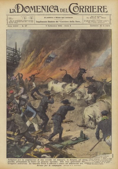 Empört über die Aussetzung eines Stierkampfes in Almagro, Spanien, setzten die Zuschauer Feuer? von Achille Beltrame