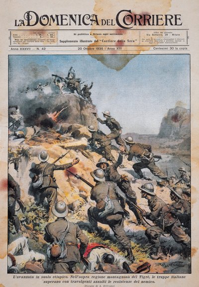 Italienische Truppen marschieren auf äthiopischem Boden, Illustration aus La Domenica del Corriere, 20. Oktober von Achille Beltrame