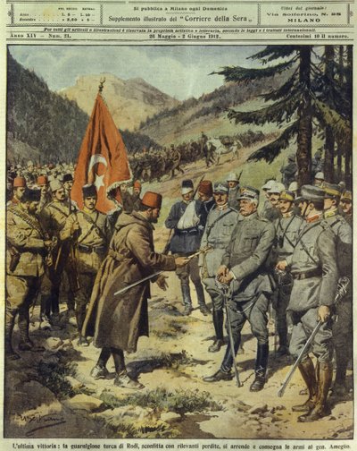 Italo-Türkischer oder Libyscher Krieg (1911-1912), die türkische Armee kapituliert und übergibt die Waffen an den italienischen General Ameglio auf Rhodos, 26. Mai von Achille Beltrame