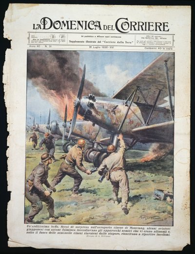 Japanischer Kommandounternehmen auf dem chinesischen Flughafen von Nanchang, Platte von Achille Beltrame aus der Zeitung La Domenica del Corriere, 31. Juli von Achille Beltrame