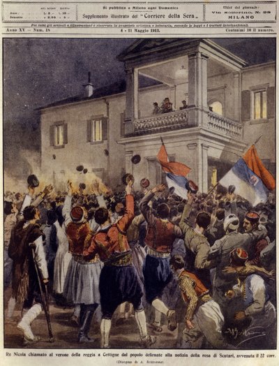 König Nikolaus I. von Montenegro vor einer Menge in Cettigne nach der Kapitulation der Stadt Shkoder, 4. Mai von Achille Beltrame
