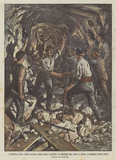 Die Eröffnung der ersten Galerie auf der Zufahrtslinie zum Simplon, zwischen Arona und Meina, das Treffen der Arbeiter von Achille Beltrame
