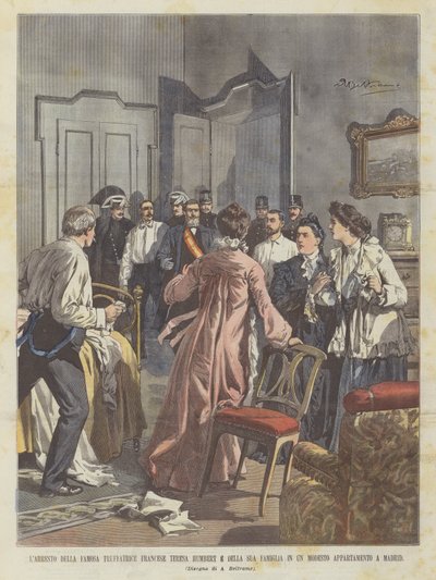 Die Verhaftung der berühmten französischen Betrügerin Teresa Humbert und ihrer Familie in einer bescheidenen Wohnung in Madrid von Achille Beltrame