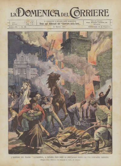 Der Brand des Teatro Castagnola in Catania kurz nach der Vorstellung einer Zirkusgesellschaft von Achille Beltrame