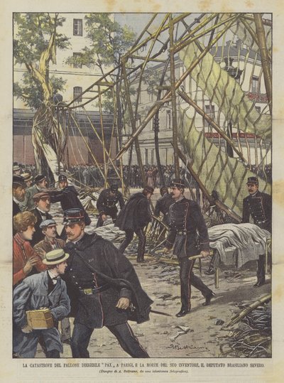 Die Katastrophe des Luftschiffs Pax in Paris und der Tod seines Erfinders, des brasilianischen Abgeordneten Severo von Achille Beltrame