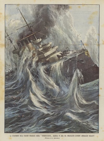 Die Katastrophe des großen russischen Schlachtschiffs Petropavlovsk, das mit dem Oberbefehlshaber Admiral Makarov in die Luft gesprengt wurde von Achille Beltrame