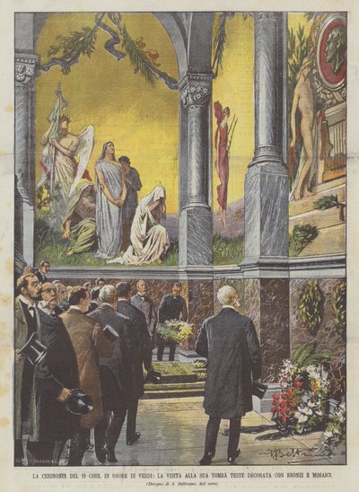Die Zeremonie am 19. in Ehren von Verdi, der Besuch seines Grabes, das mit Bronzen und Mosaiken geschmückt ist von Achille Beltrame