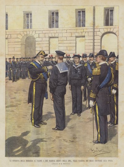 Die Verleihung der Tapferkeitsmedaille an zwei Matrosen, die aus China zurückgekehrt sind, in der Kaserne der königlichen Besatzungen in La Spezia von Achille Beltrame