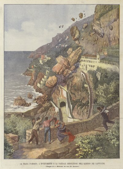 Der Erdrutsch von Amalfi, die Zerstörung des Kapuzinerhotels von Achille Beltrame