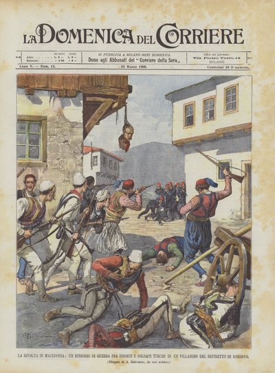 Der Aufstand in Mazedonien, eine Kriegsepisode zwischen Aufständischen und türkischen Soldaten in einem Dorf von Achille Beltrame