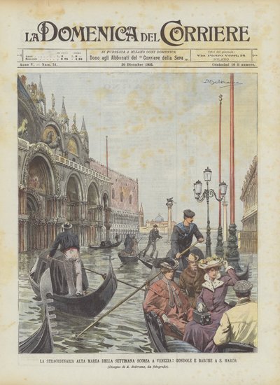 Die außergewöhnliche Flut der letzten Woche in Venedig, Gondeln und Boote auf dem Markusplatz von Achille Beltrame