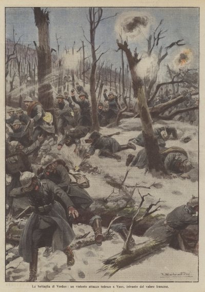 Die Schlacht von Verdun, ein heftiger deutscher Angriff auf Vaux, vereitelt durch französischen Mut von Achille Beltrame