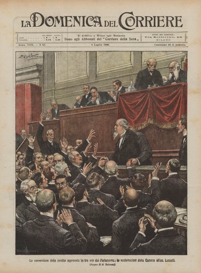 Die Umwandlung der Rente wird in drei Stunden vom Parlament genehmigt, die Beifallsrufe der Kammer für Herrn Luzzatti von Achille Beltrame