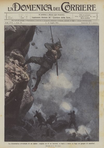 Das dramatische Abenteuer eines Alpenjägers, über einer Schlucht hängend, kämpft er und vertreibt eine Gruppe Österreicher von Achille Beltrame