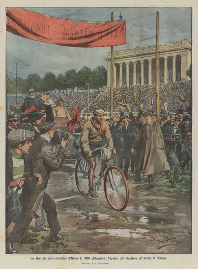 Das Ende der 3000 Kilometer langen Italien-Rundfahrt, die Ankunft des Siegers in der Arena von Mailand von Achille Beltrame