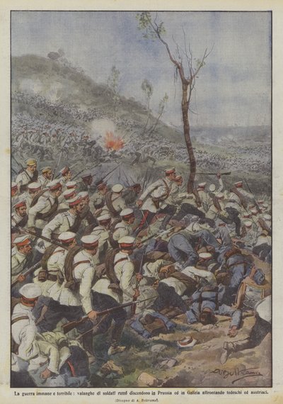 Der gewaltige und schreckliche Krieg, Lawinen von russischen Soldaten marschieren nach Preußen und Galizien von Achille Beltrame