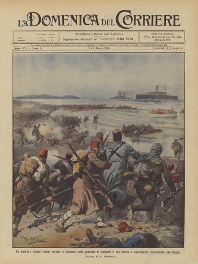 Der Krieg, türkische Truppen zur Verstärkung auf die Halbinsel Gallipoli geschickt, deren Landung von Achille Beltrame