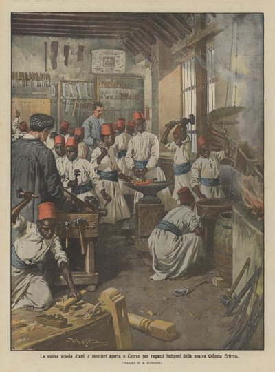 Die neue Kunst- und Handwerksschule in Cheren für einheimische Jungen unserer Kolonie Eritrea eröffnet von Achille Beltrame