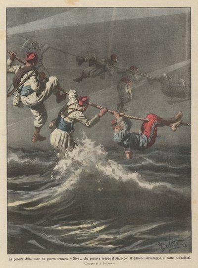 Der Verlust des französischen Kriegsschiffs Nive, das Truppen nach Marokko brachte von Achille Beltrame