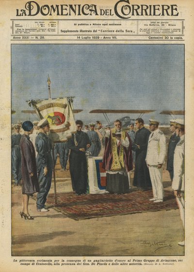 Die malerische Zeremonie zur Übergabe eines Ehrenbanners an die Erste Luftfahrtgruppe von Achille Beltrame